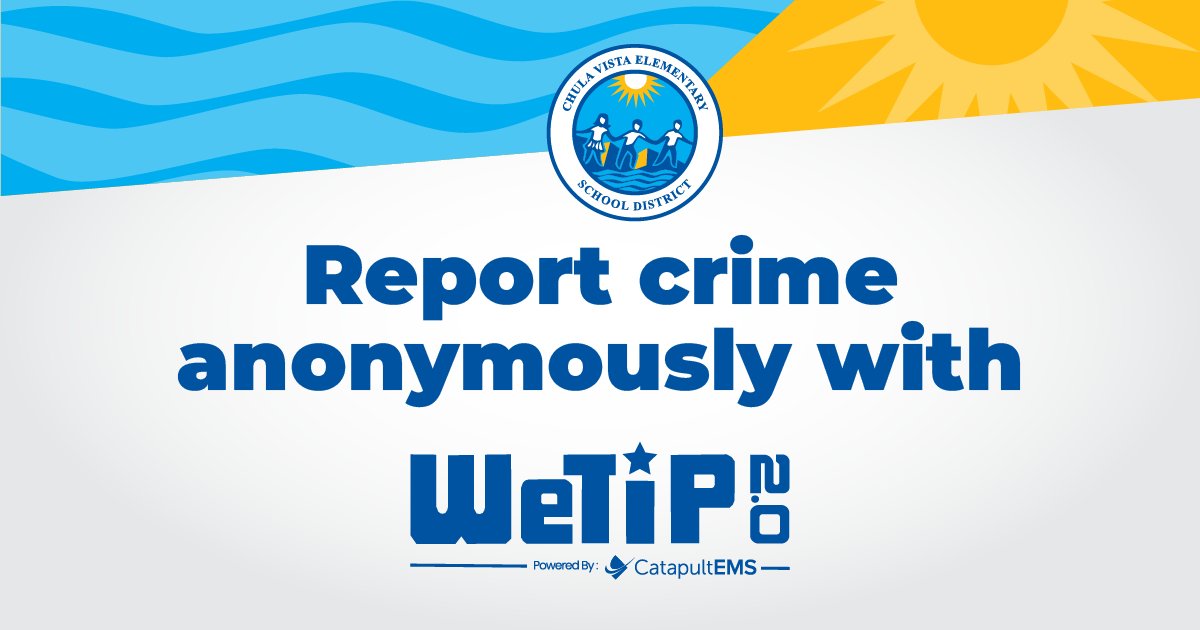 WeTip is now available for #CVESD! The new program allows students, staff, and community members to anonymously report any safety concerns online, by phone, or by text. For more information, visit bit.ly/46Uq4TD or your school site website.