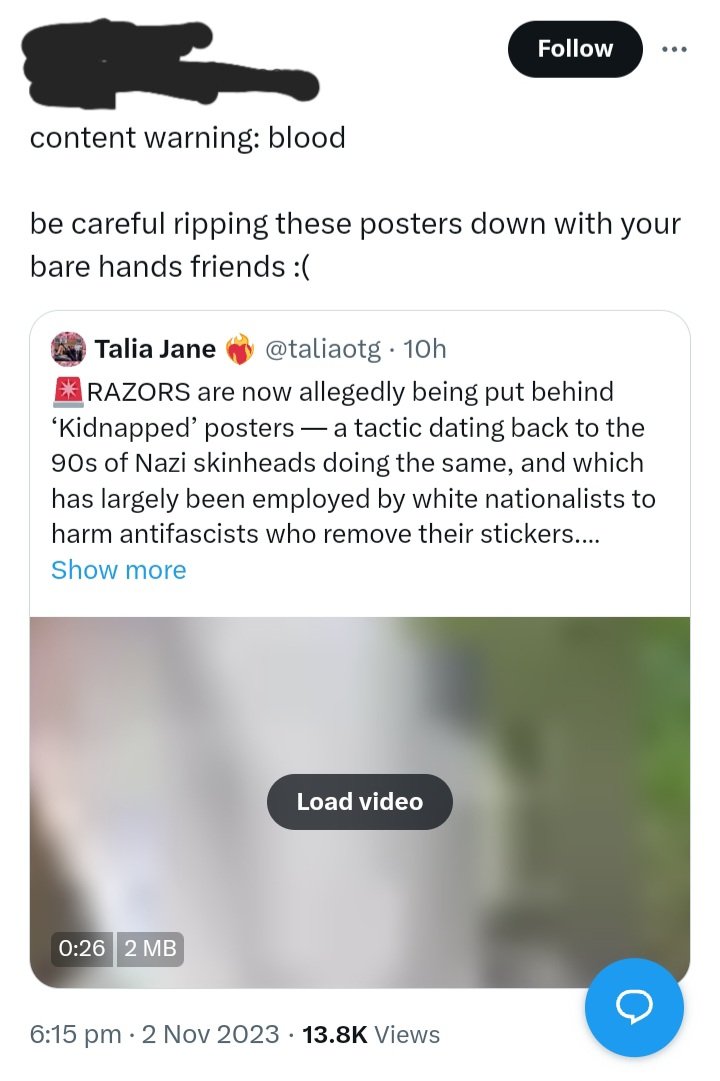 Laura_SB_phil's tweet photo. "CW blood uwu be careful when tearing down pictures of hamas hostages"

fucking absurd https://t.co/nShEPbV6Pz