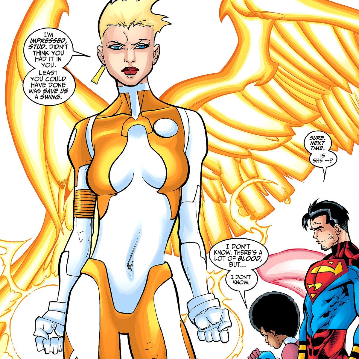 MahFor_'s tweet image. Epiphany - É um clone da Cassie Sandsmark com o DNA do Conner Kent e de um doador desconhecido.
Poderes do DNA - Super força, durabilidade, reflexo e Telecinese
Poder especial - Asas de fogo
Primeira aparição - Superboy #88 ( 2001 )