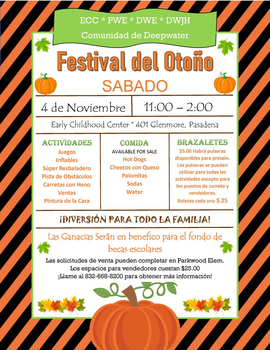 DPISD's tweet photo. The Deepwater-area schools are once again hosting the Deepwater Community Fall Festival THIS Saturday, Nov. 4!

Events will include games, bounce houses, a super slide, an obstacle course, vendor booths, and more.

For additional information, see the attached flyer! https://t.co/hrBkDZk55M
