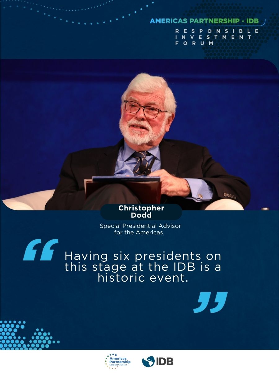 At the #AmericasPartnership-IDB Forum, Senator Christopher Dodd emphasized a unique leadership era in the Americas. He highlighted a landmark occasion at the IDB: the unprecedented gathering of six presidents from #LAC 🌎🤝