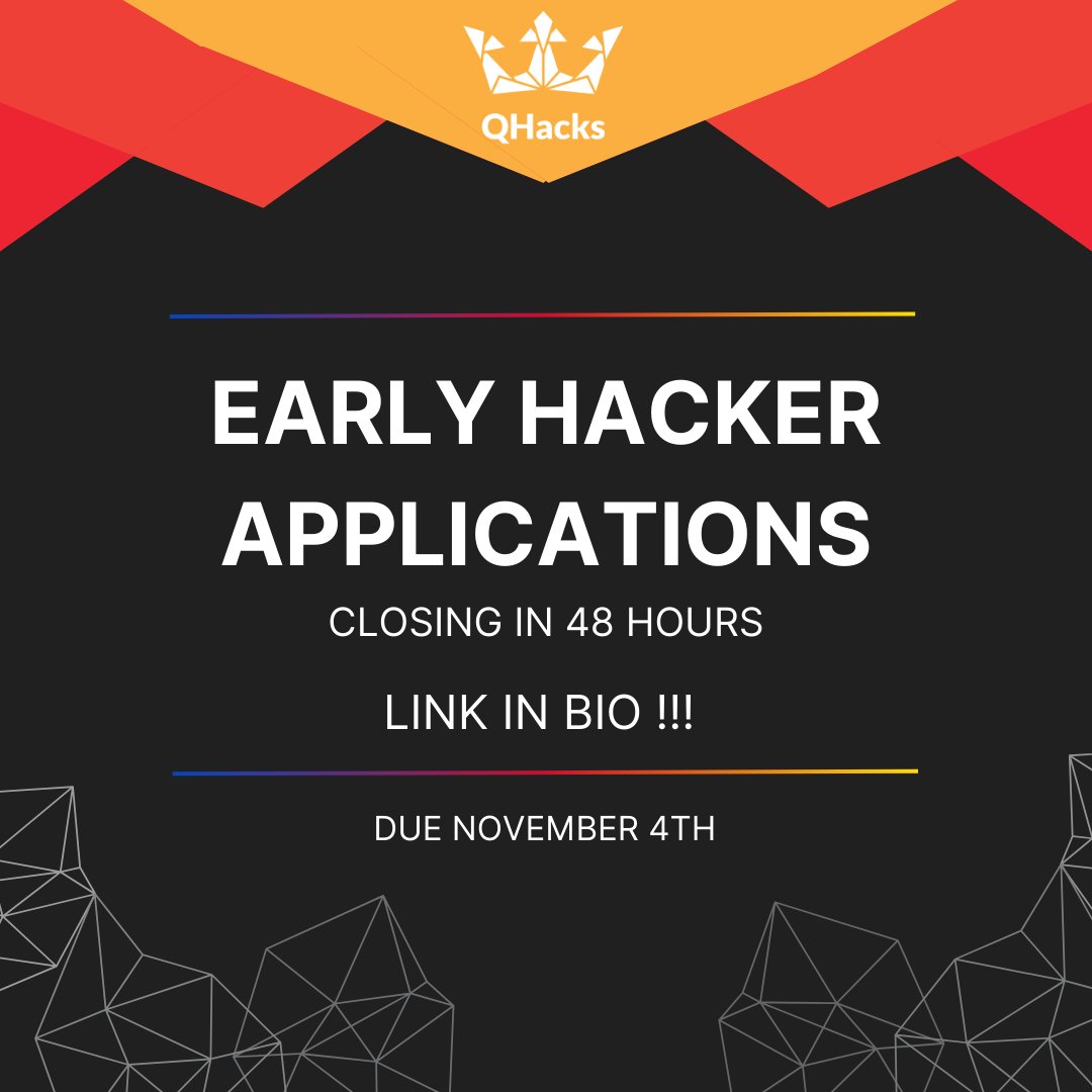 QHacksX's tweet photo. ⏰🚨 Time is running out!! 🚨⏰ Early applications are closing in 48 hours, and if you would like the chance to win 1 of 3 $15 dollar gift cards - get those apps in ASAP!

Don't miss your chance to win! 🏆 Check the link in our bio for the application information. 🤩 https://t.co/3fnyNtiD9m