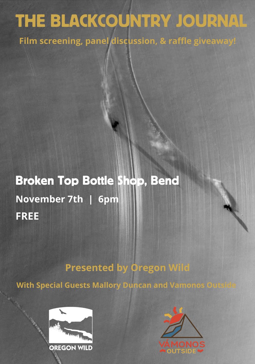 OregonWild's tweet image. Next Tuesday, November 7, we are hosting a film screening of The Blackcountry Journal #InBend. The screening will be followed by a discussion panel featuring the filmmaker, Mallory Duncan, and our friends from Vamonos Outside. Hope to see you there!
