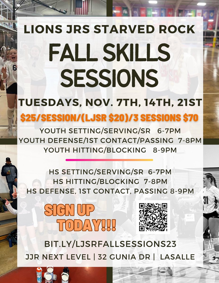 Looking to improve or refresh your skills? Join us for Fall Skills Sessions!! 

Coach Jenn and Coach Kim are excited to see new and familiar faces in the gym! Sign up using the QR code or link below!!

bit.ly/ljsrfallsessio…