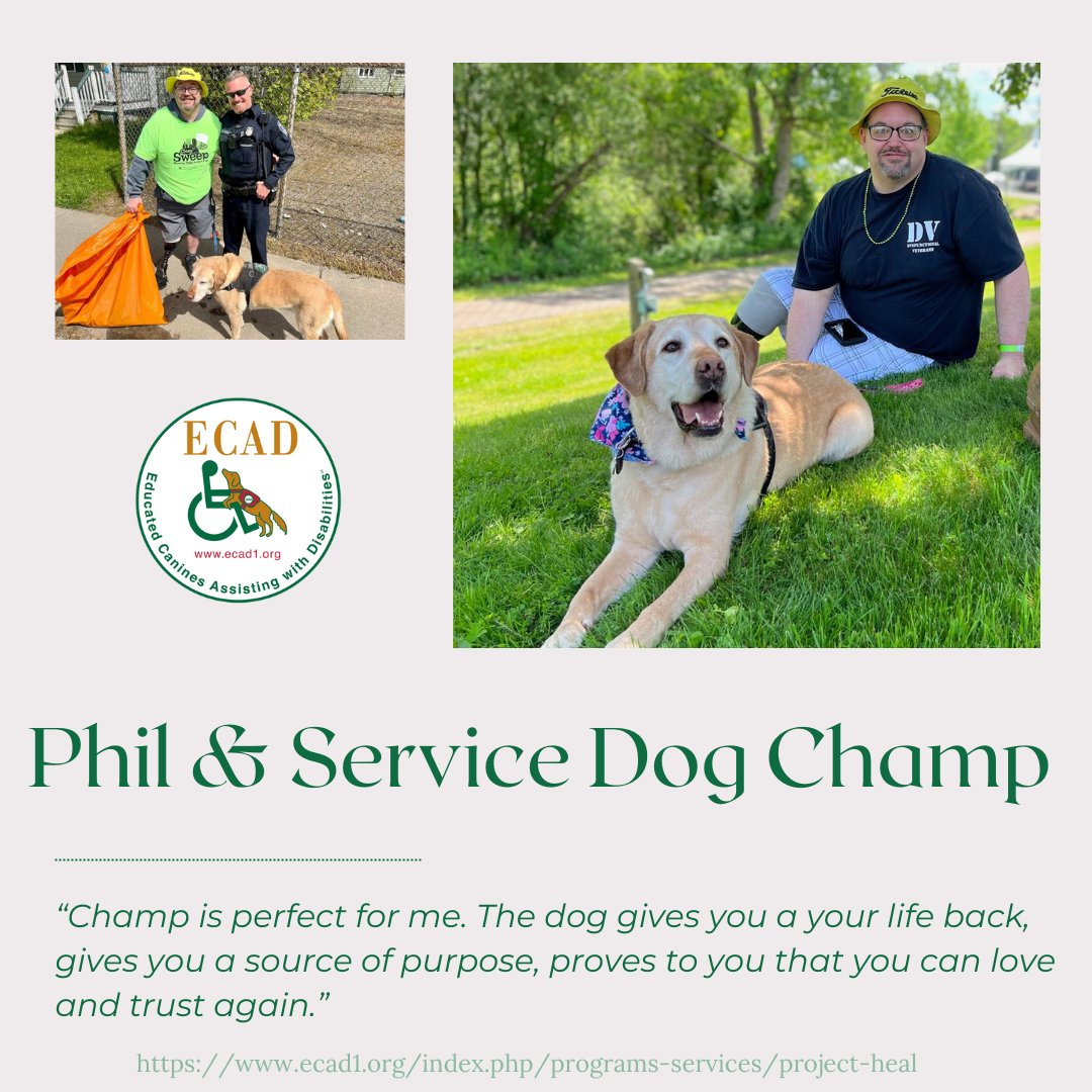 ECADServiceDogs's tweet image. To honor the re-airing of &apos;To Be of Service,&apos; two remarkable #ProjectHEAL grads, Phil &amp;amp; SD Champ, and Greg &amp;amp; SD Val are featured in the documentary. It offers a glimpse into the incredible bond between veterans &amp;amp; their Service Dogs. aptonline.org/offer/TO-BE-OF… #VeteransStories