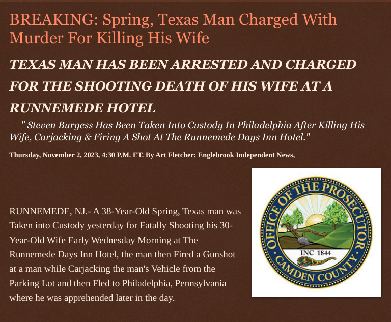 ArtFletcher9's tweet photo. Thursday, November 2, 2023
#BREAKING: #SpringTexas #Man #Charged With #Murder For #Killing His #Wife #TEXAS MAN HAS BEEN #ARRESTED AND #CHARGED FOR THE #SHOOTINGDEATH OF HIS #WIFE AT A #RUNNEMEDENJ #HOTEL #camdencountynj #homicide @wireless_step @HRG_Media @CitizenFreePres @Breaking911 @Breaking24_7 @Heather46389844 @Y6s8D8vmnCo394k @debbie84620046 @CandaceCan88 @gator4kb18 @MichelleF_35 @USATRUMPMAN1 @JKash000 @LoveMyMJ69 @ksMaga87 @jmbenson1491