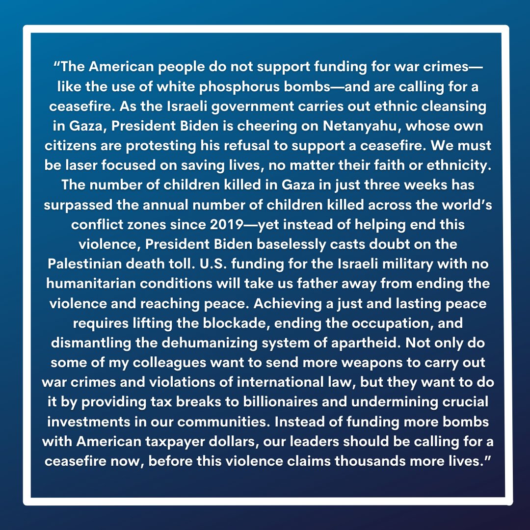 My statement on $14.3 billion in funding for Israel with absolutely no conditions on upholding human rights: