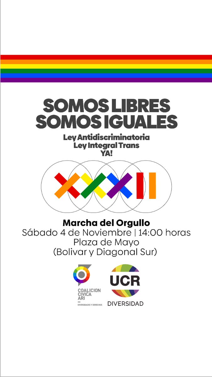 DiversidadCCARI's tweet photo. 🏳‍🌈 SOMOS LIBRES, SOMOS IGUALES!

El Sábado desde las 14.00 hs. marchamos con Orgullo: por las libertades y derechos conquistados, y tambien por los que aún nos faltan!

📍Nos encontramos en Diagonal Sur y Bolívar.

Venite, trae a tu gente y celebremos el orgullo 💥 https://t.co/NtAWUbrzYa