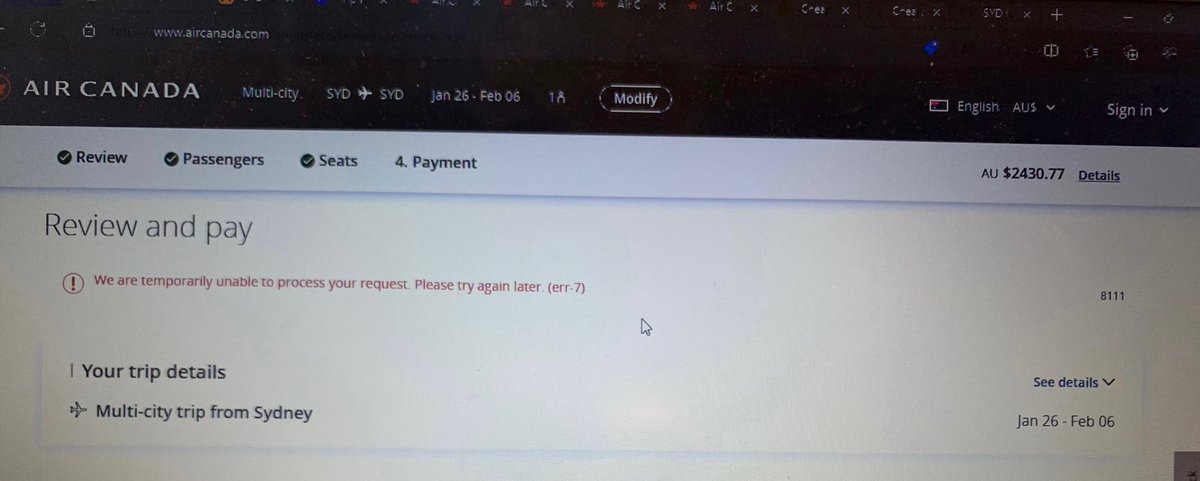 AndVm87's tweet photo. @AirCanad I was trying to make a booking and it went all good and then it said payment error 7 and the money had been taken out of my creditcard @AirCanada  stealing from clients https://t.co/XJj62UNtdr