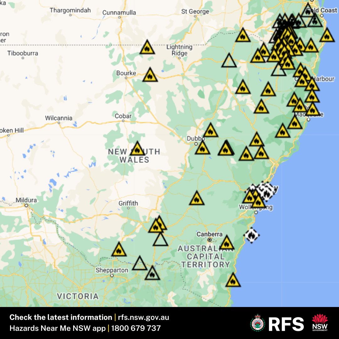 As of 9am, there are 55 fires burning across the state, with 11 not yet contained. All of the fires are currently burning at an 'Advice' level, with more than 500 firefighters and incident management specialists working to contain these fires. rfs.nsw.gov.au/fnm