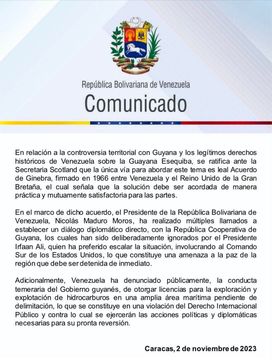 La República Bolivariana de Venezuela rechaza las declaraciones de la Secretaria General de la Commonwealth, Patricia Scotland sobre el Esequibo, quien en un acto de vergonzosa injerencia pretenden confundir a la Comunidad Internacional y manipular la opinión pública. #02Nov