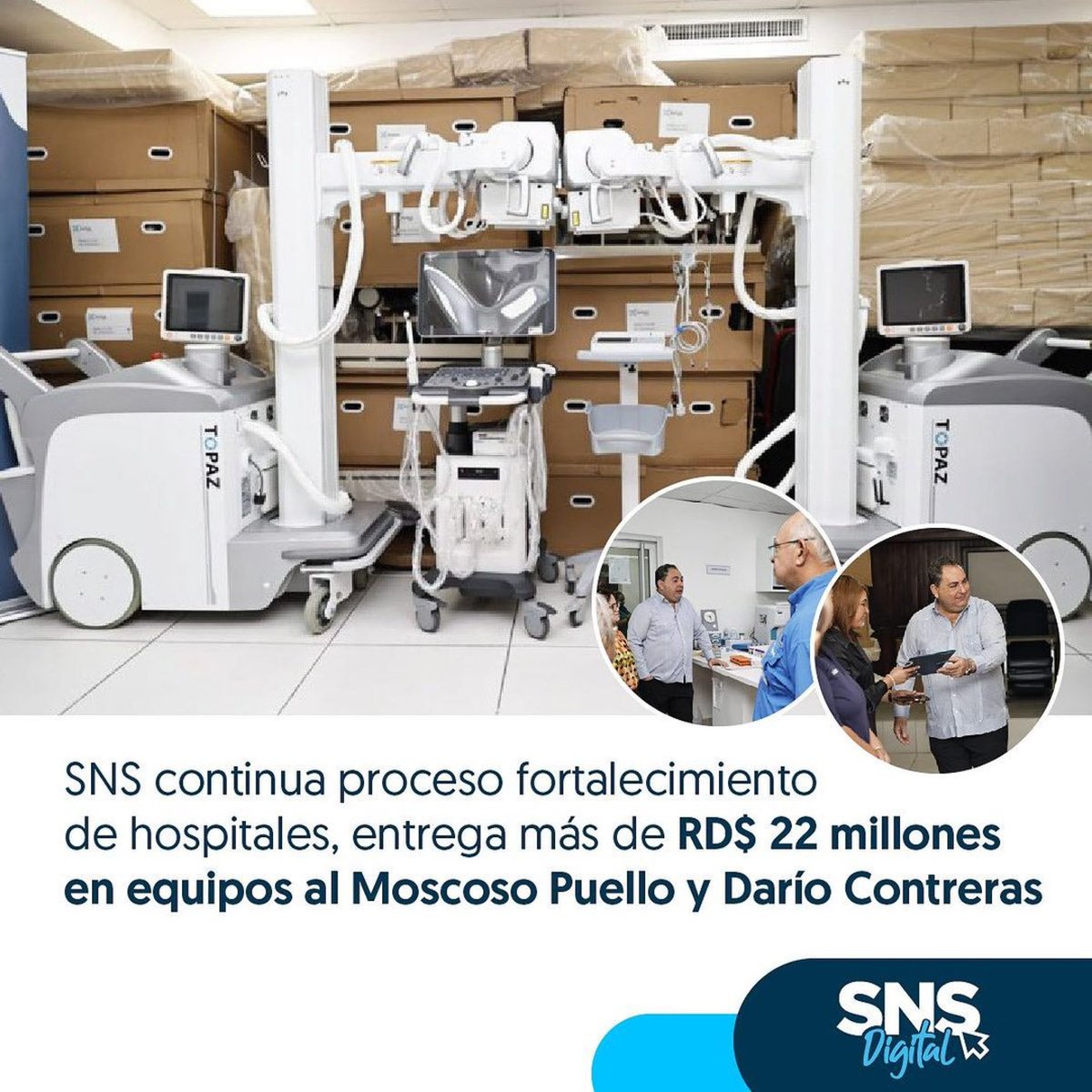 drmariolama's tweet photo. ✅ El Servicio Nacional de Salud (SNS) entregó este miércoles RD$ 22, 977, 763. 37 en equipos médicos a los hospitales Francisco Moscoso Puello y Traumatológico Darío Contreras, con el propósito de fortalecer la calidad de los servicios que ofrecen a sus usuarios.

En el Hospital Francisco Moscoso Puello se entregaron un ultrasonido de tres transductores, dos Rayos X portátiles con reveladora, un Rayo X digital estacionario, diez computadoras completas con UPS, un electrocardiógrafo de tres canales y 25 monitores de signos vitales de cinco parámetros.

También se dotó de 80 camas manuales mecánicas de múltiples funciones para hospitalización, 20 colchones para camarotes, 25 sillas secretariales, tres sillones confortables, cuatros sillones clínicos reclinables y cuatro bancas para cuatro personas, por un monto de RD $18, 577, 138. 19.

@luisabinader @raquelpenavice @snsrdo @saludpublicard @comunicaciondo
