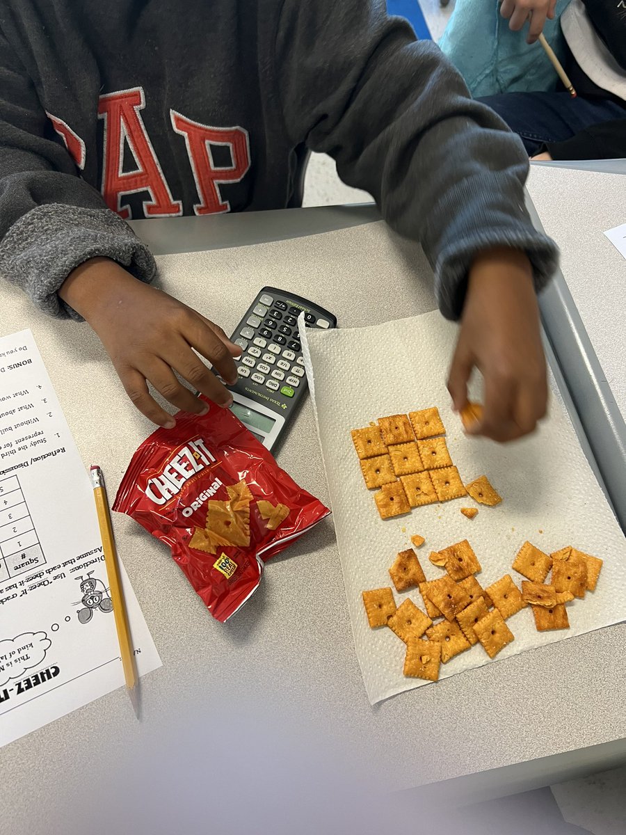 CharlesMotter's tweet photo. @CuCPS MS 6th graders used @cheezit crackers to help them explore and discover perfect squares and square roots today in Math class! #WeAreCuCPS #MathIsEasy #6thGradeRocks https://t.co/gTlJ3ZaHic