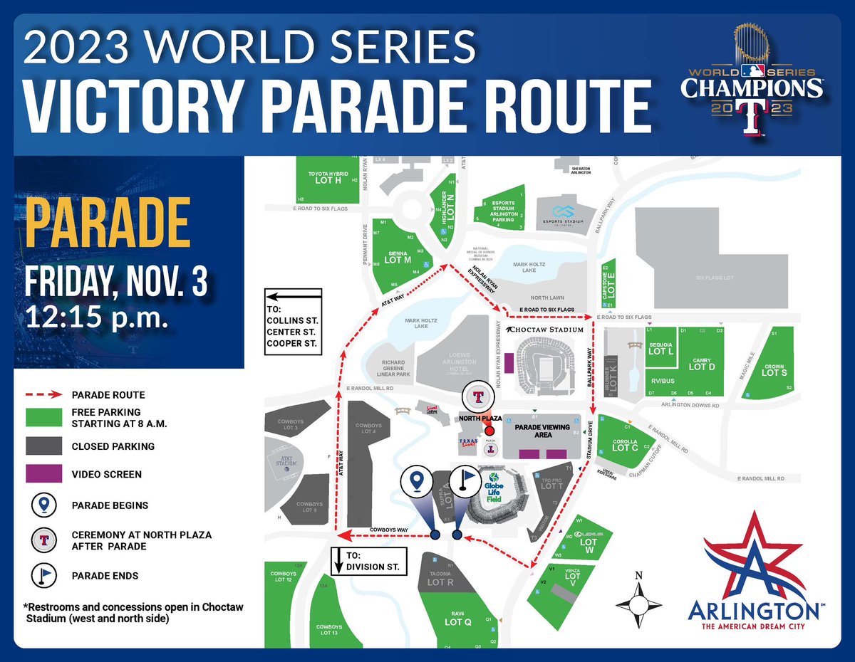 Updated parade map that includes changes to the free public parking lot information. Visit arlingtontx.gov/WorldSeriesPar… for more details.