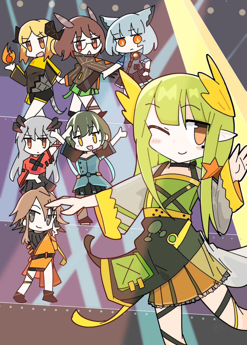 ifrit (arknights) ,saria (arknights) ,silence (arknights) multiple girls horns feather hair 6+girls owl ears one eye closed pointy ears  illustration images