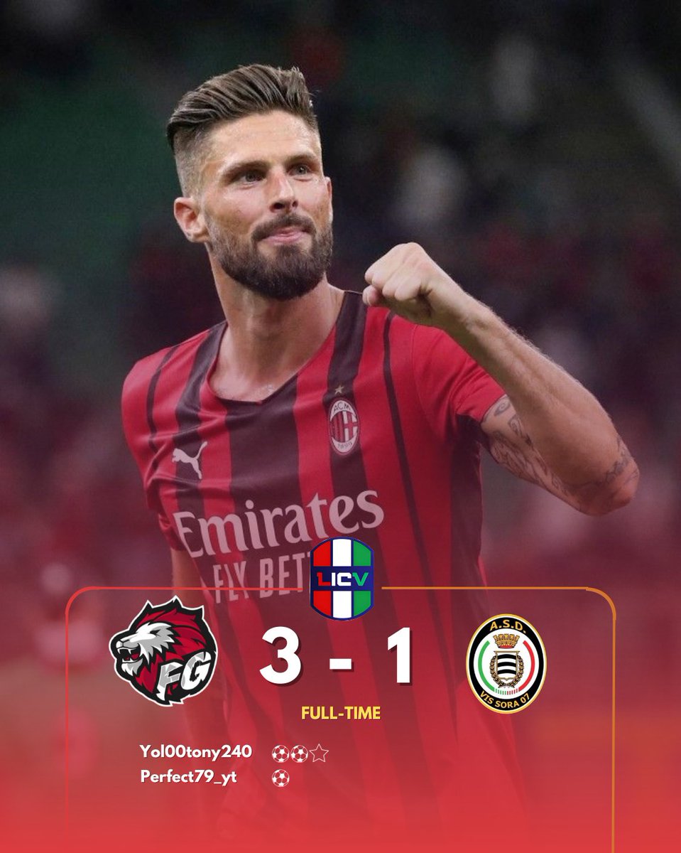 ❤ 𝑭𝑼𝑳𝑳 𝑻𝑰𝑴𝑬 🖤
🏆| #LICV
🗓| 1° Giornata 
🆚| @vissoraesports
✅| 3️⃣ - 1️⃣

⚽️⚽️| @Yol00tony240
⚽️| @Perfect79_yt

👟| #andyyWRLD
👟| <a href="/AmatiRuben8/">Ruben Amati</a>

🌟|@Yol00tony240