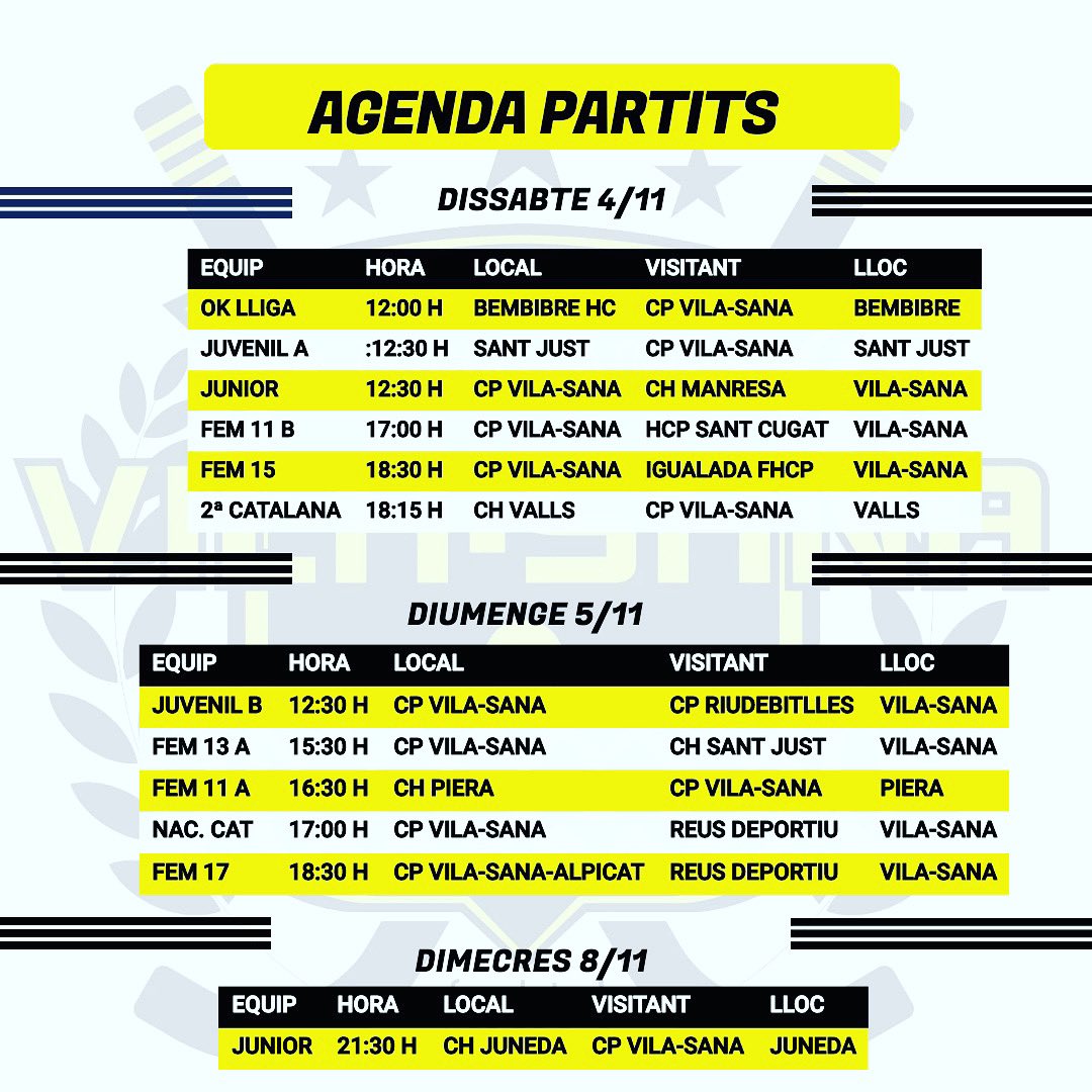 hoquei_vilasana's tweet photo. 📅Calendari dels partits del Club Patí Vila-sana d’aquest proper cap de setmana.

🟡Som-hi!!!🙌🏽👏🏽

#novatemporada #oklliga #hoquei #ok #equip #cpvilasana #cpv #clubpati #aficio #hoqueipatins #replic #cooperativadivars #temporada2324 #junts #unpoble #unapassio #socis #esport https://t.co/bW84kbWBWm