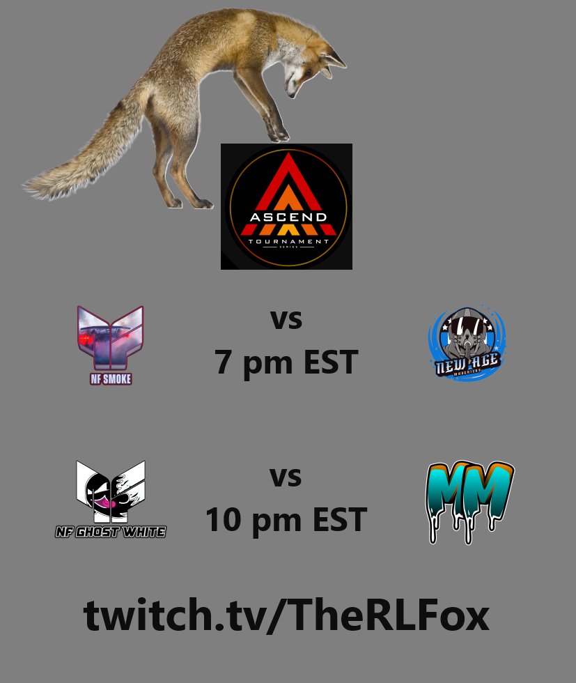 Time to pounce on opportunity for these 4
<a href="/ATS_RL/">Ascend Tournament Series</a> teams! Catch a fox cast for your Thursday
<a href="/NolaFlightGG/">NOLA FLIGHT</a> features two teams competing tonight:  

NF Smoke vs <a href="/TheNewAgeGaming/">New Age Gaming</a> Mavericks at 7 pm 
NF Ghost White vs <a href="/MilkyMilitia/">Milky Militia</a> Rush at 10 pm