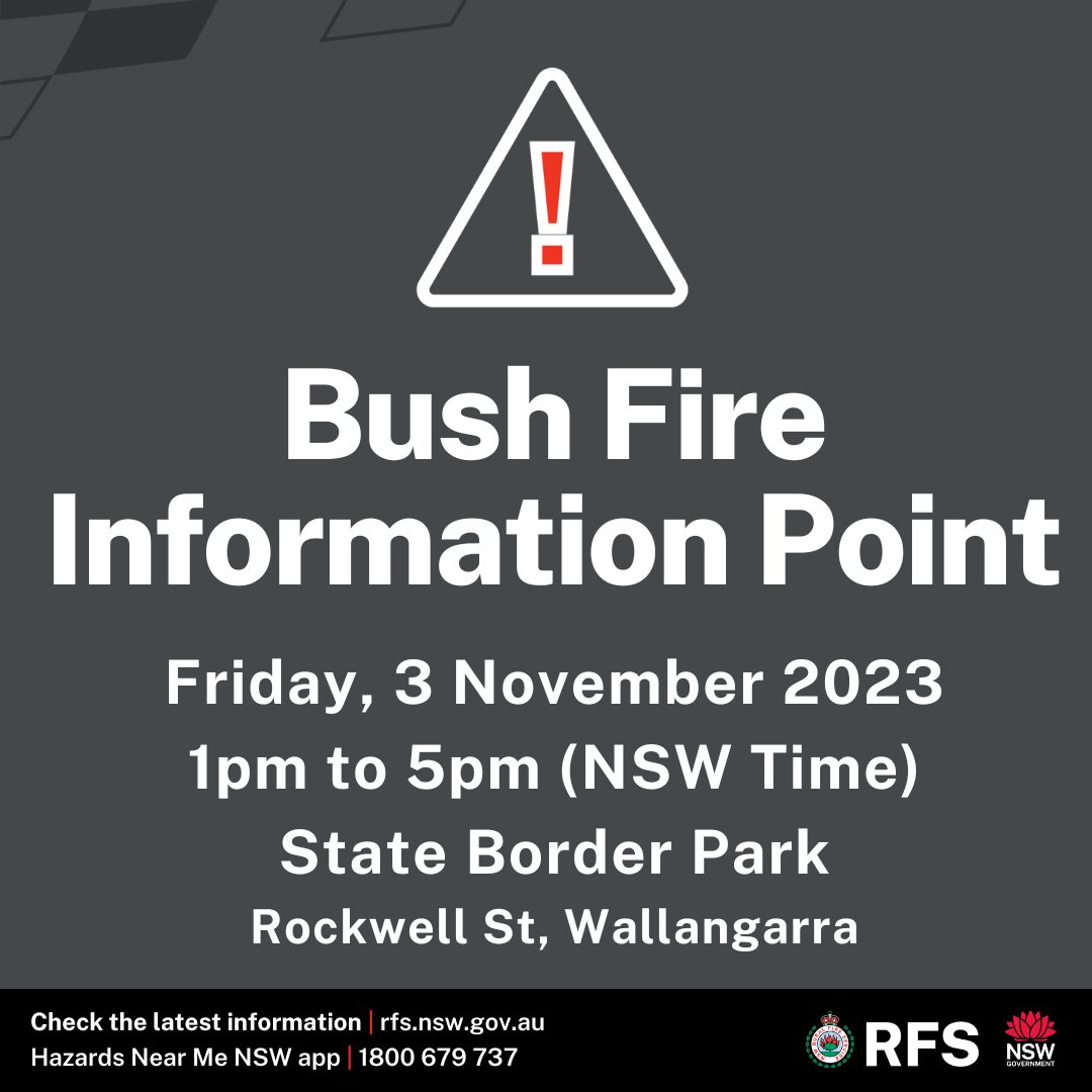 A bush fire information point will be set up today, Friday 3 November, to provide community members with information on the Christies Fire. The BFIP will be located at the State Border Park - Rockwell St, Wallangarra between 1:00pm to 5:00pm (NSW Time). rfs.nsw.gov.au/fnm