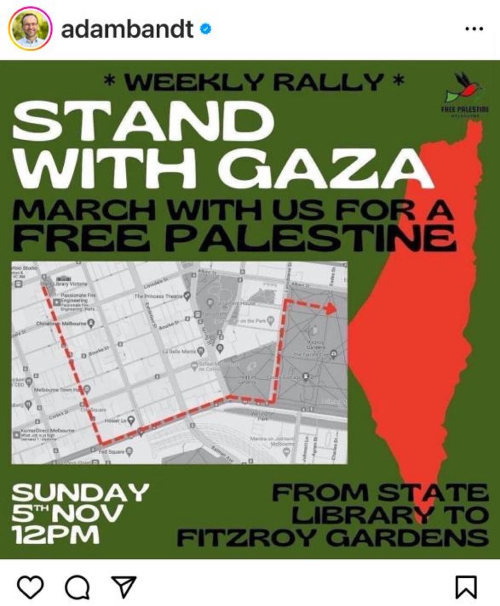 .⁦<a href="/AdamBandt/">Adam Bandt</a>⁩ - if it wasn’t clear what “from the river to the sea” means, the map on this flyer you are promoting confirms that it means the eradication of the Jewish State. Shame on you.