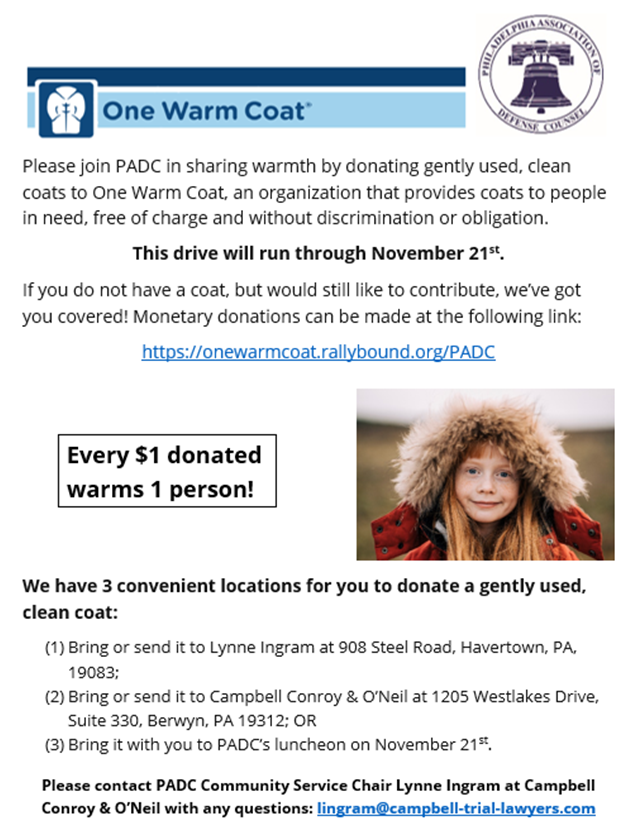 lynneoingram's tweet photo. Please join PADC in sharing warmth by donating gently used, clean coats to @onewarmcoat. This drive will run through Nov 21. If you don't have a coat, but would like to contribute, make a monetary donation at the following link:
https://t.co/YwNYZPparI #GiveBack #DefenseLawyers https://t.co/Up6fUa4gtV