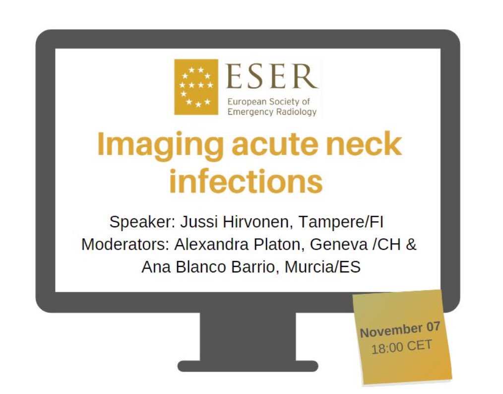 ESER (@eseradiology) on Twitter photo Learn about Imaging Acute Neck Infections from Dr Jussi Hirnoven, Tampere/FI
<a href="/jussihirvonen/">Jussi Hirvonen</a>
Register for free 👉us06web.zoom.us/webinar/regist…
Moderators: Alexandra Platon and Ana Blanco Barrio Learn about Imaging Acute Neck Infections from Dr Jussi Hirnoven, Tampere/FI
<a href="/jussihirvonen/">Jussi Hirvonen</a>
Register for free 👉us06web.zoom.us/webinar/regist…
Moderators: Alexandra Platon and Ana Blanco Barrio