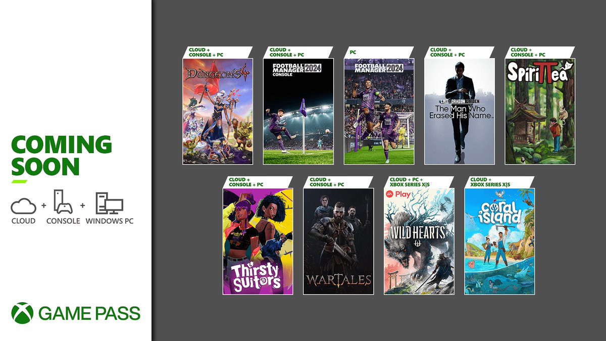The following games are coming to Game Pass!

1. Dungeons 4 
2. Football Manager 2024 Console
3. Football Manager 2024 PC
4. The Man who erased his name
5. Spiritea
6. Thirsty Suitors
7. Wartales
8. Wildhearts
9. Coral Island

What are you most excited for?