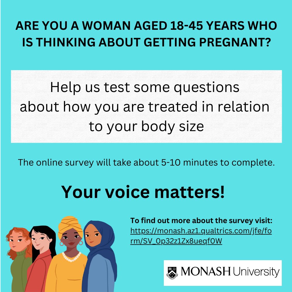 HiPPP_EMR_C's tweet image. Calling all women aged 18-45 with pregnancy plans! Join us in reshaping the narrative around body size by sharing your experiences in our quick survey:  monash.az1.qualtrics.com/jfe/form/SV_0p…

#WeightStigma #PregnancyPlanning #Preconception #PreconceptionHealth #BodyPositivity