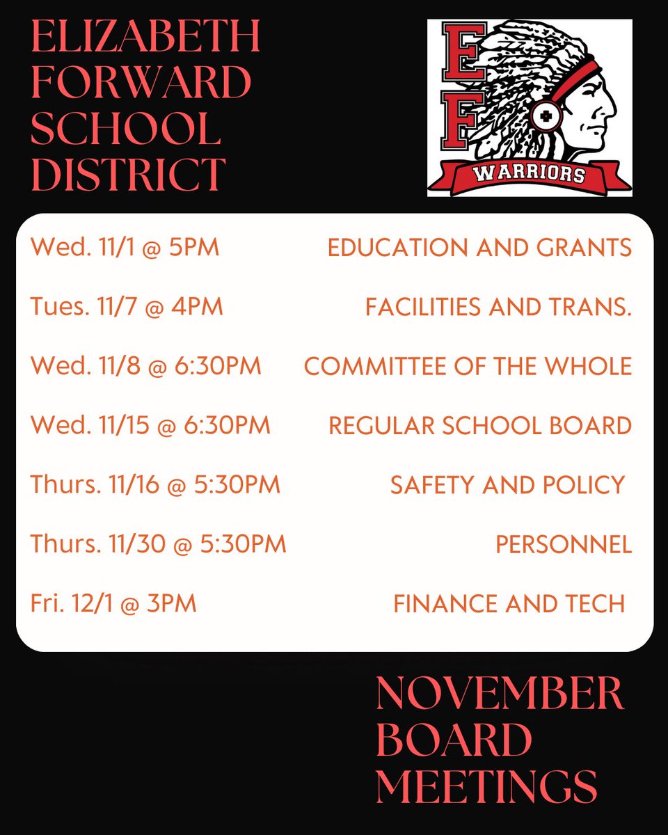 Elizabeth Forward School District November Board Meetings #EFEAteaches