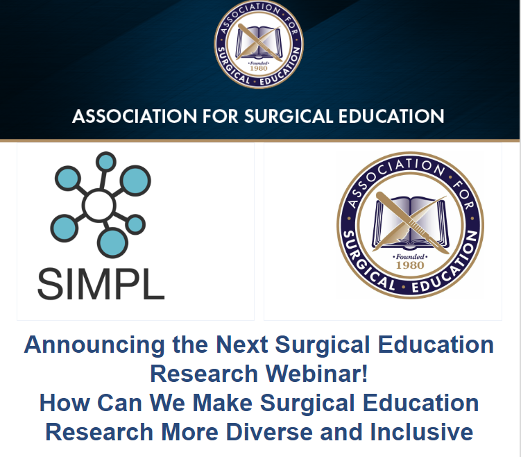 Surg_Education's tweet photo. Register today for the November 9th @SIMPLCollab &amp; @Surg_Education webinar! Dr. Amanda Cooper will be guiding a conversation on How We Can Make Surgical Education Research more Diverse and Inclusive https://t.co/FlIpbwiu0M https://t.co/G53DfcLWAn