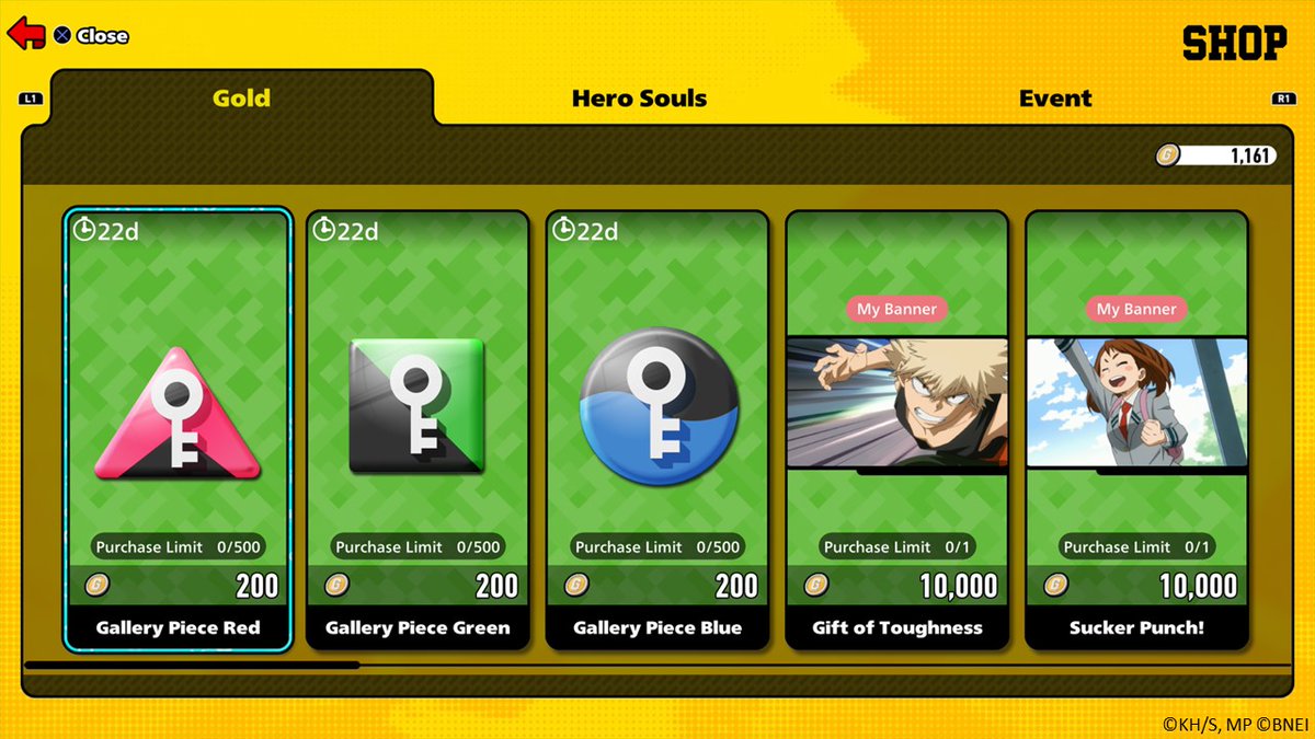 MyHeroUR's tweet photo. What is Gold🪙?

You can purchase lots of items such as Gallery Pieces and My Banners with Gold!

Gold can also unlock certain costumes, voice lines, and emotes!

#MHUR https://t.co/v1pqcQ3yz1