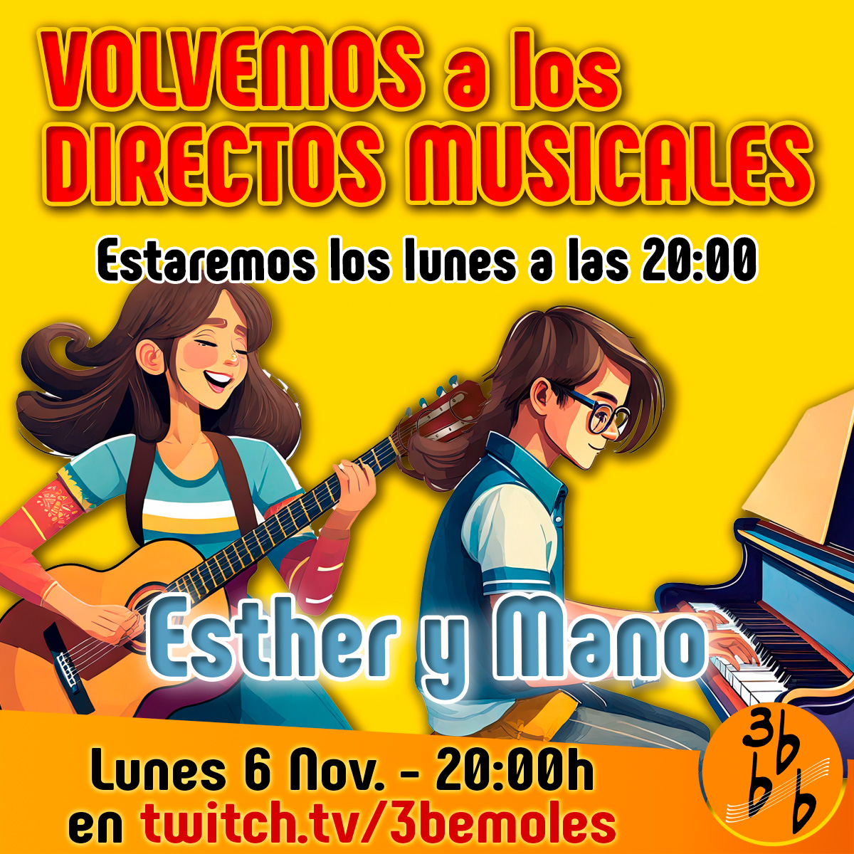 3Bemoles's tweet photo. Después de un parón largo obligado por nuestros trabajos, volvemos a los directos. De momento estaremos todos los lunes que podamos a partir de las 20:00, en directo, en https://t.co/rivoVYPC6W. @esthersixty60 @manomc #música #stream #twitch #volvemos #ganasdeveros https://t.co/7E3MFOdYPH