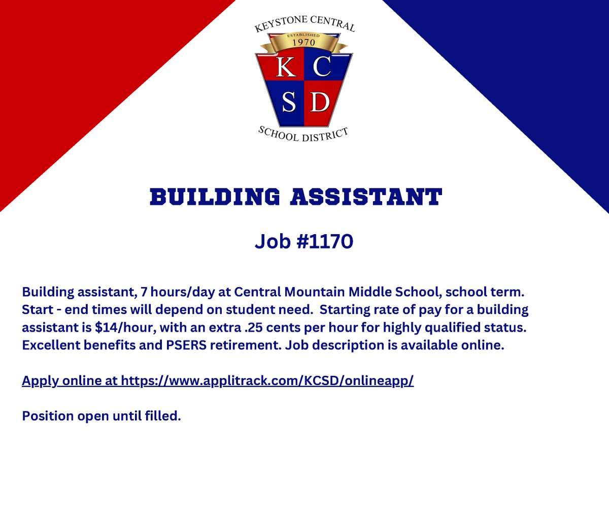 We currently have two openings for Building Assistants - one at CMHS and one at CMMS.  If interested, please apply at kcsd.us/jobs.