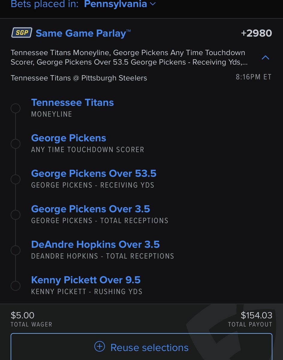 GamblersRUsPSR's tweet photo. "Scott's Thursday night gamble: Titans vs. Steelers Same Game Parlay 🔥🏈 Let's go! #NFL #ThursdayNightFootball @scott_barber https://t.co/guGNeHye3C