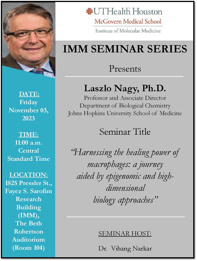 Research folks in HOUSTON! Please check out  seminar tomorrow by Laszlo Nagy <a href="/UTHealth/">UTHealth</a> IMM on macrophages, metabolism, regeneration and genomics! <a href="/LaszloNagyLab/">Nagy Lab</a> <a href="/JohnsHopkins/">Johns Hopkins University</a>