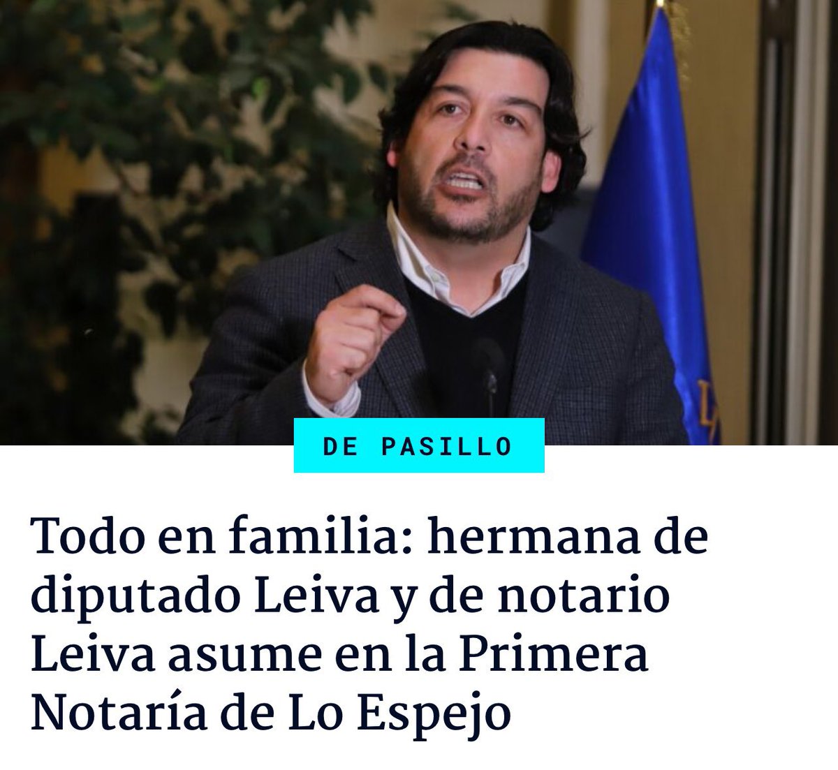 CalderonBassi's tweet photo. Inaceptable!
María Elena Leiva, hermana del diputado PS Raúl Leiva, fue nombrada notaria de la 1ª Notaría de Lo Espejo. Se tituló hace tres años y estudió en la U. de Las Américas. Su hermano Francisco, su tío Raúl y su sobrino Felipe Leiva también son notarios. Negocio familiar. https://t.co/op4wTPBgsG