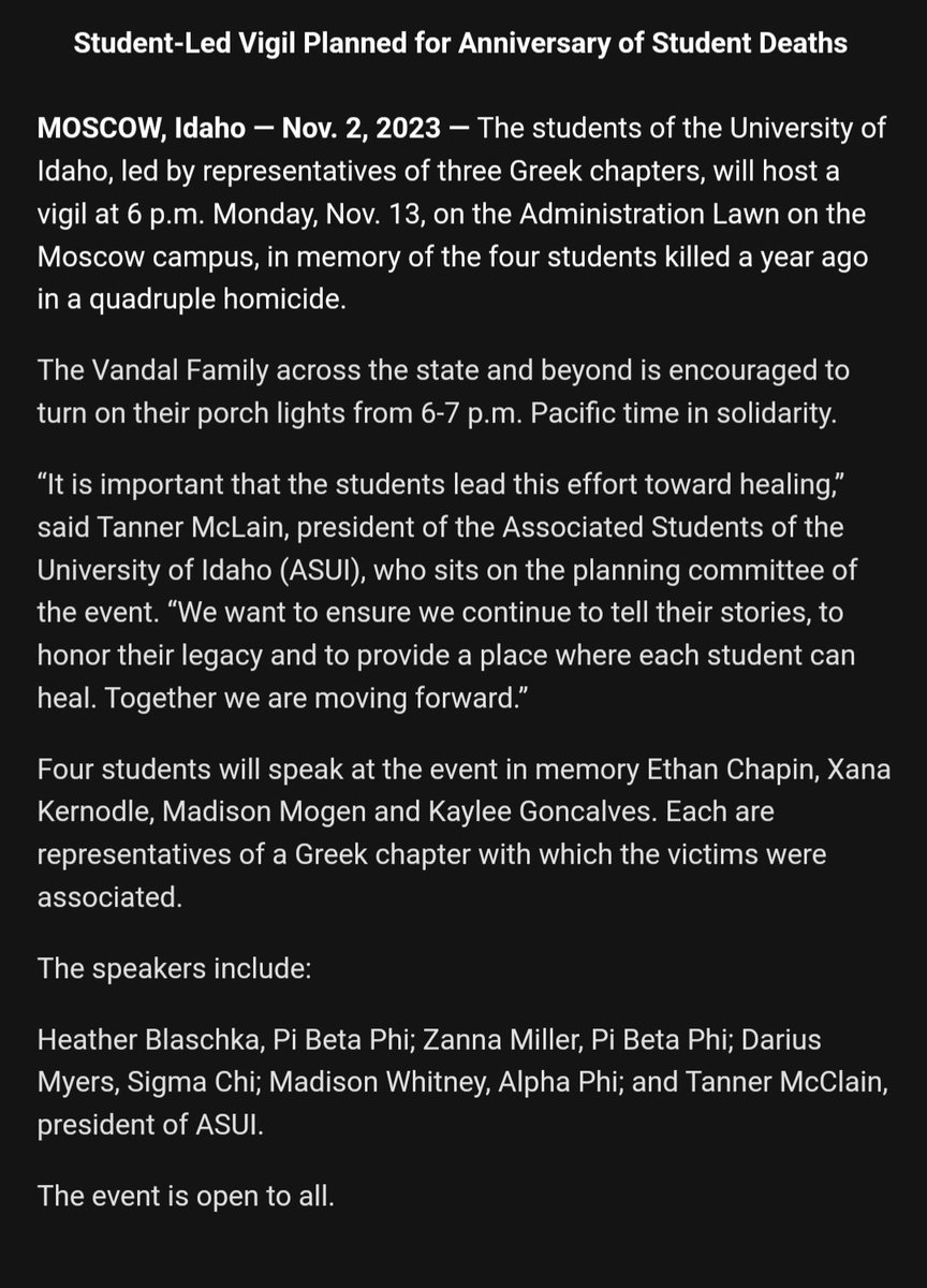 A student-led vigil will be held on the University of Idaho campus November 13. Story to come.