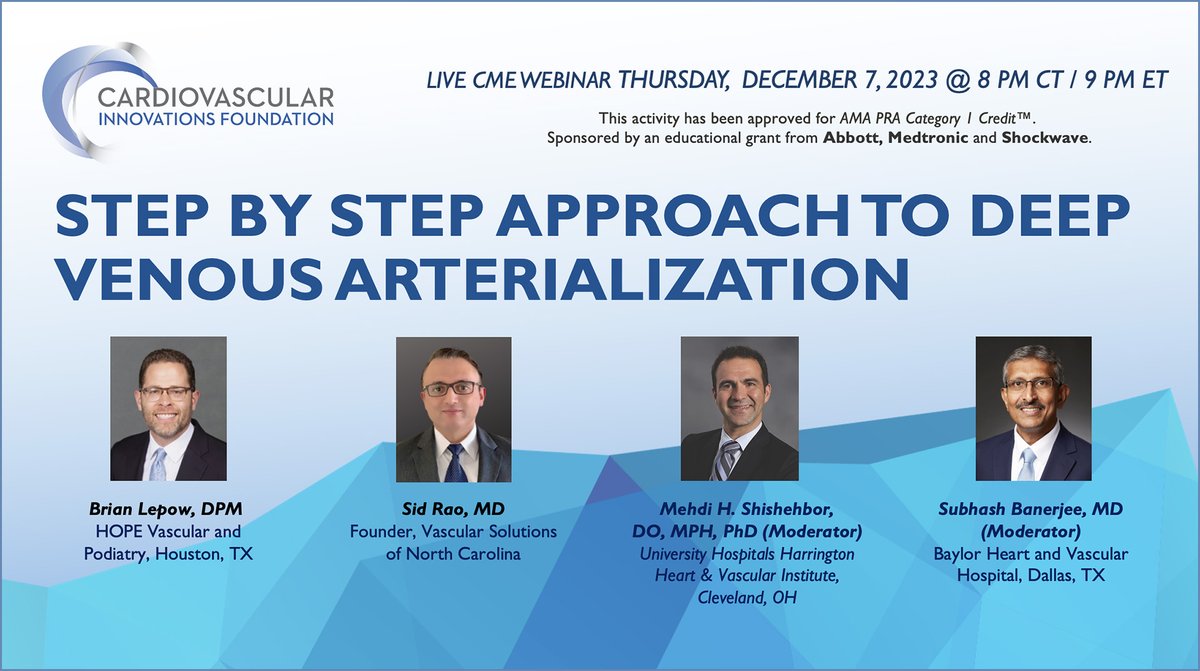 Coming up 12/7/23 - Step by Step Approach to Deep Venous Arterialization - Live complimentary #CME #Webinar 8-9 pm CT / 9-10 pm ET Register at: deepveinwebinar.eventbrite.com #cardiology #cardiologist #dva #arterialization