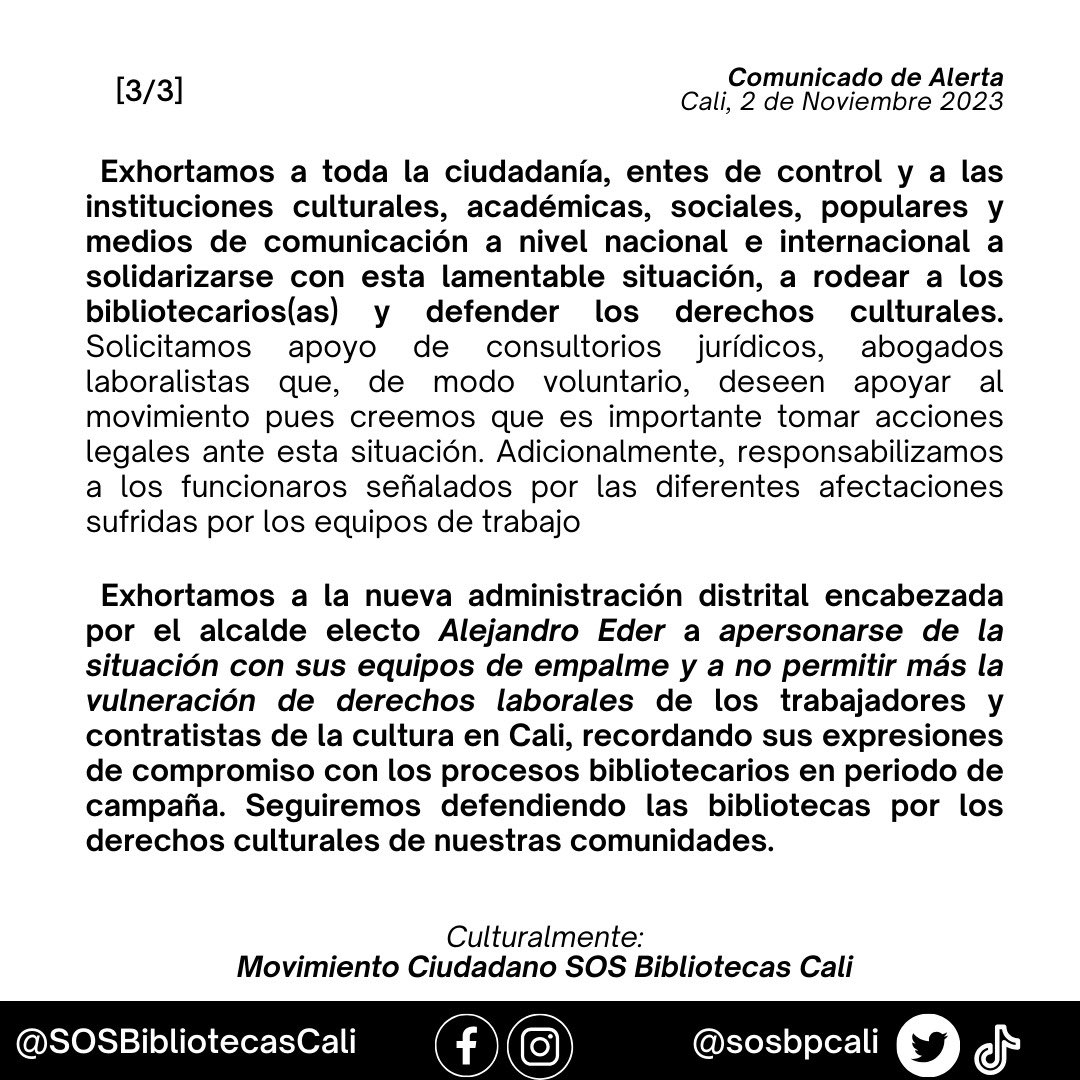 sosbpcali's tweet photo. 📢 El movimiento ciudadano ‘SOS Bibliotecas Cali’ se permite alertar a las entidades de control público, a los medios de comunicación y a la comunidad local, nacional e internacional en general sobre la grave situación de acoso laboral y… 🧵 https://t.co/iPDzNpki3T