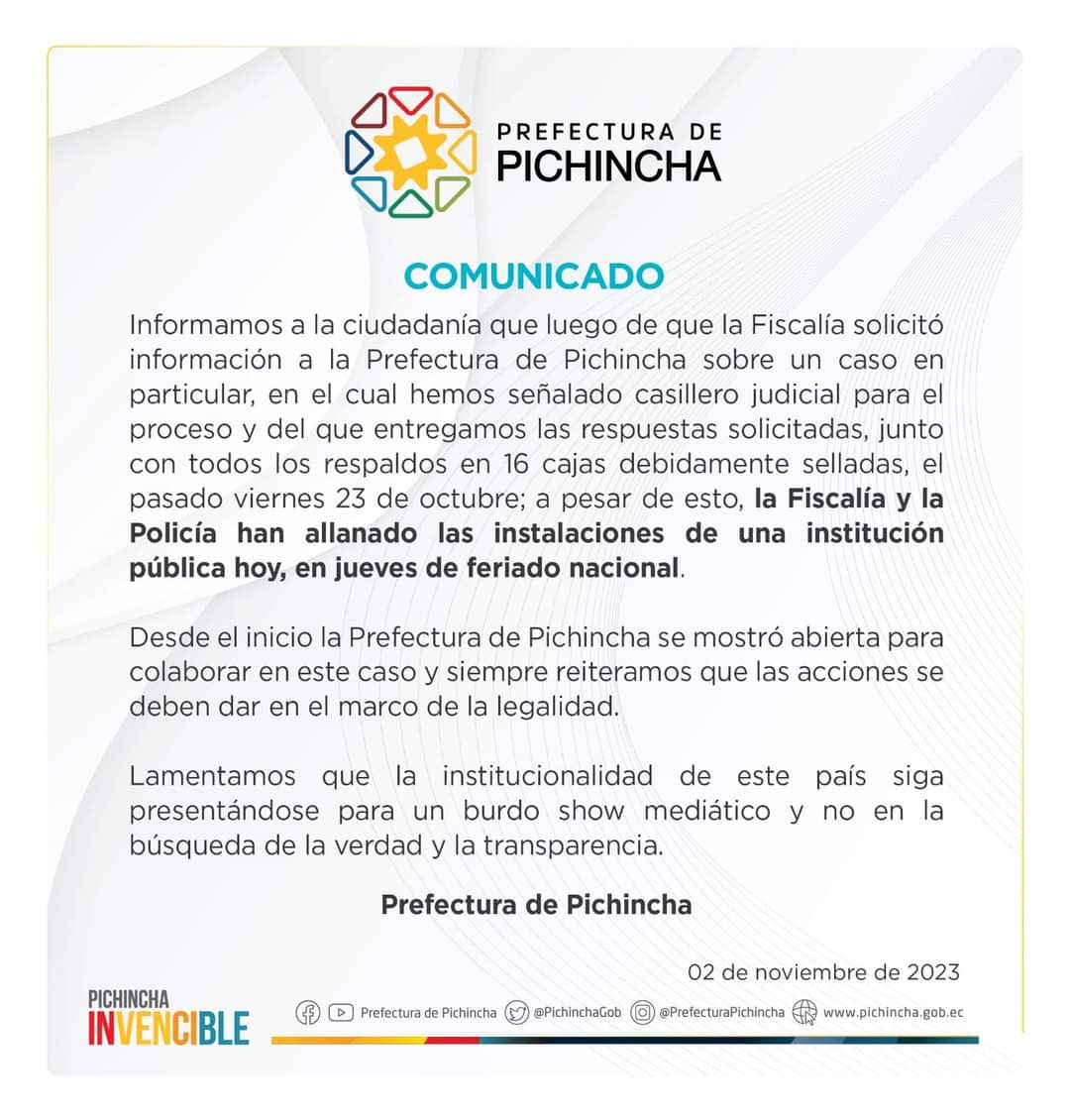 #URGENTE
¡LA PREFECTURA DE PICHINCHA DE PRONUNCIA!
<a href="/PichinchaGob/">Prefectura de Pichincha</a> emite un comunicado en el cual recuerda que desde el primer momento en el cual la Fiscalía solicitó a la Prefectura, información sobre un caso en particular, ha colaborado y entregado las respuestas solicitadas.
Hoy