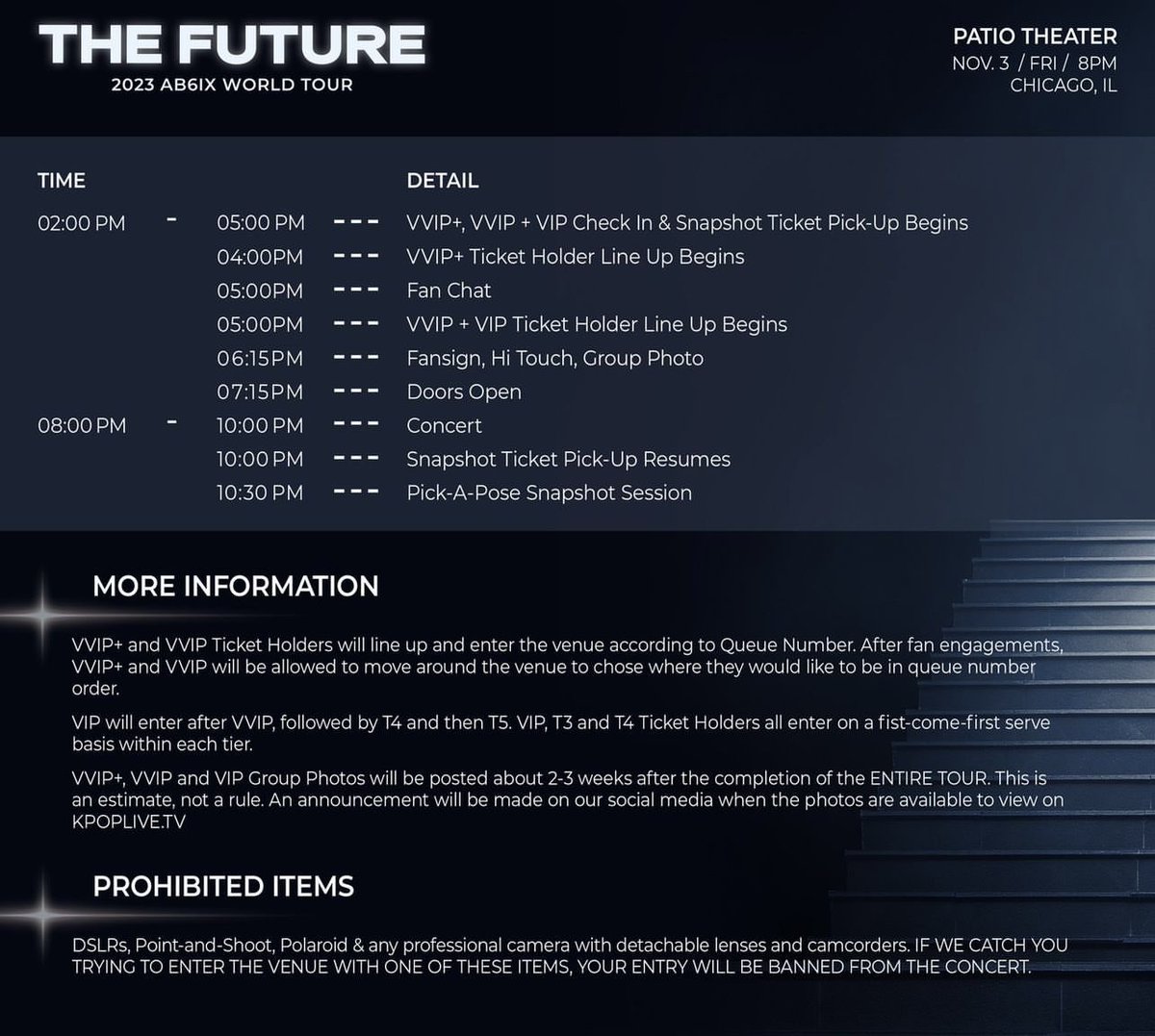 AB6IXUSA's tweet photo. 🎫 For #ABNEW attending the show tomorrow in Chicago, here’s the schedule as a reminder!

We will be out there collecting messages for our State Flag fan project! So make sure to keep an eye out for city reps @BeaBopz @ab6ixusa! 

#AB6IX #THE_FUTURE #THE_FUTURE_CHI https://t.co/vRHefiYgR1