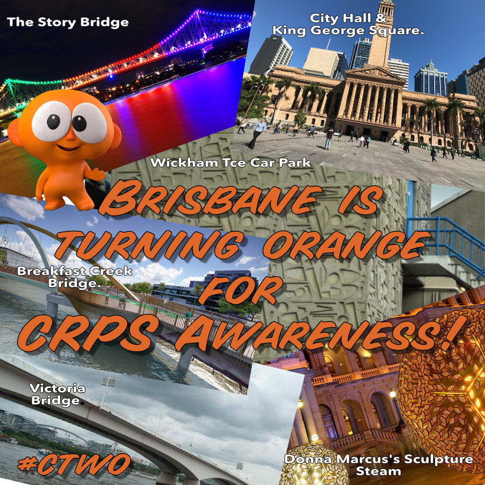 TPBFinc's tweet photo. Monday is #ColorTheWorldOrangeDay, and @brisbanecityqld supports the cause by lighting up the major landmarks to help us raise awareness for CRPS. 
Whatever you do this month, do it in Orange. #crps #tpbf #ctwo #crpsorangeday https://t.co/fYFhF7gwQ3
