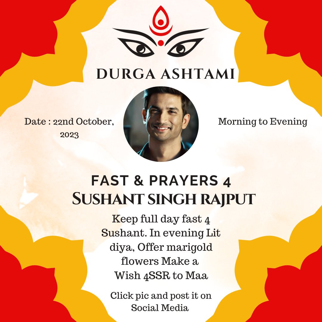 If you have not kept fast 4SSR. You  can still participate. 

In Evening, lit diya to Maa. 🪔 
Offer marigold flowers 🌼
Make a Wish 4SSR 🪄

SSR Aim Revival Of Vedic Klg
#JusticeForSushantSinghRajput
Details given in poster 👇