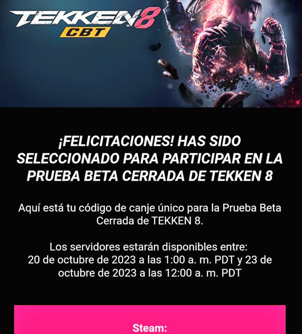 Quien quiere un c&oacute;digo para probar la beta cerrada de Tekken 8 en steam deben de jugar en #pc #pcgaming<a href="/tag/pc"class="tags"><span>#pc</span></a><a href="/tag/pcgaming"class="tags"><span>#pcgaming</span></a><a href="/tag/pcgames"class="tags"><span>#pcgames</span></a><a href="/tag/mariobouchan"class="tags"><span>#mariobouchan</span></a><a href="/tag/equipobouchan"class="tags"><span>#equipobouchan</span></a>