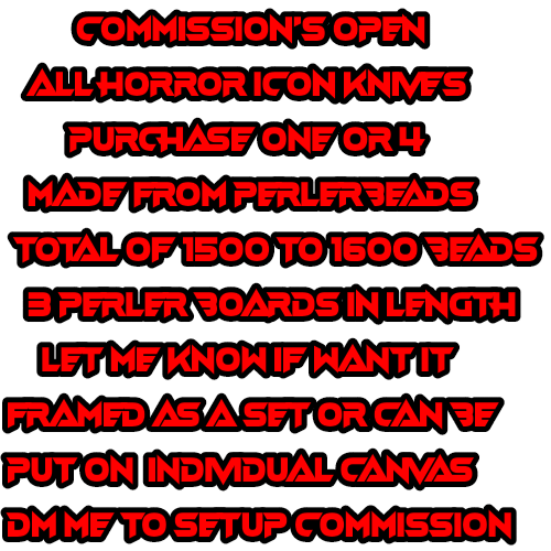 TwistedDreamsI1's tweet image. HALLOWEEN COMMISSION OPEN
Horror Icon Knife Set
Chucky,Myers,Jason,Ghostface

Message me for more details if needed
Made from Perler Beads

#perler #perlerbeads

#halloween #chucky #MichaelMyers #ghostface #jason #FridayThe13th