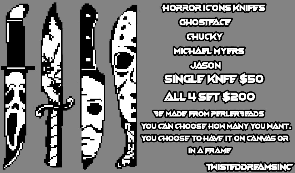 TwistedDreamsI1's tweet image. HALLOWEEN COMMISSION OPEN
Horror Icon Knife Set
Chucky,Myers,Jason,Ghostface

Message me for more details if needed
Made from Perler Beads

#perler #perlerbeads

#halloween #chucky #MichaelMyers #ghostface #jason #FridayThe13th
