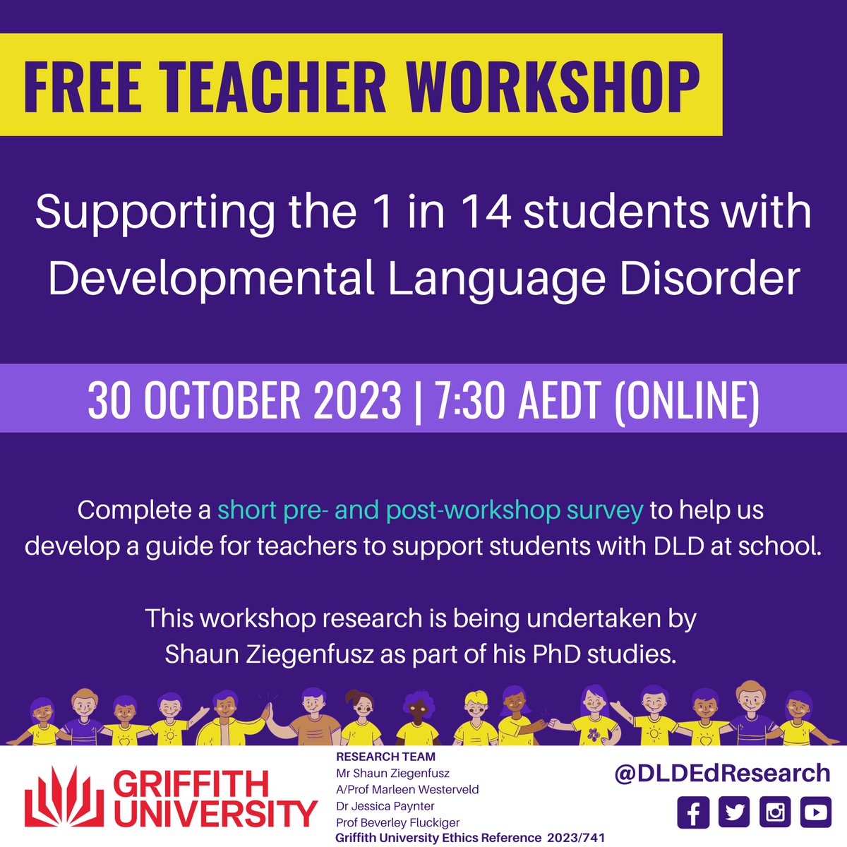 Teachers are invited to attend a FREE online workshop on Monday 30 Oct 2023 at 7:30pm (AEDT). Come along to learn about identifying DLD, evidence based principles for supporting students and collaborating with stakeholders.

#DLDday

Register here: bit.ly/DLDEd-Workshop

1/4