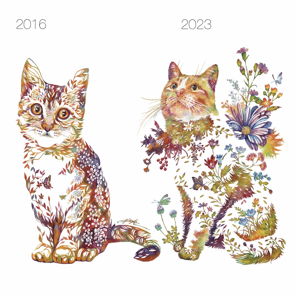 変化と進化#猫 #花 #水彩 」|タケダヒロキのイラスト