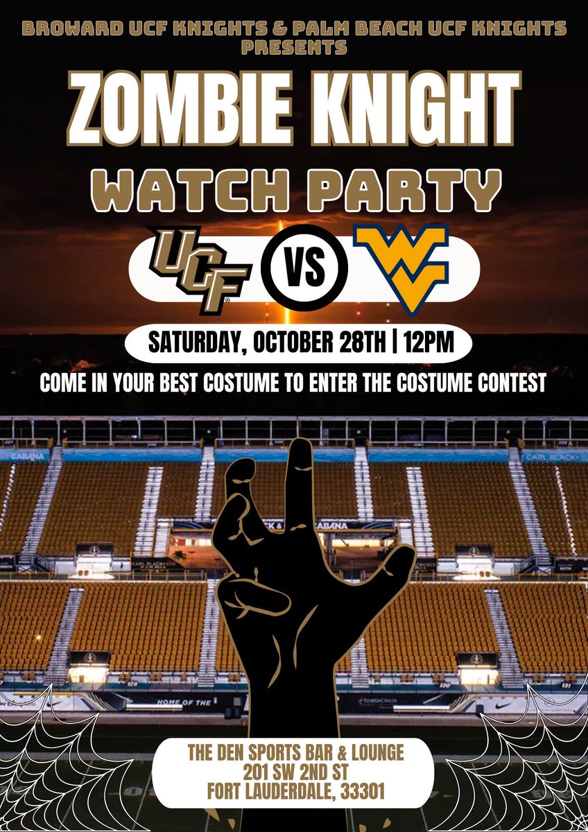 BrowardUCF's tweet photo. You asked and we delivered! In honor of Homecoming Week …. The Broward UCF Knights &amp; Palm Beach UCF Knights are joining forces for a Zombie Knight themed Watch Party next week! 🧟⚔️

Are you coming with a group? Don’t forget to reserve your table via Open Table in advance. https://t.co/Sc6S810Hos