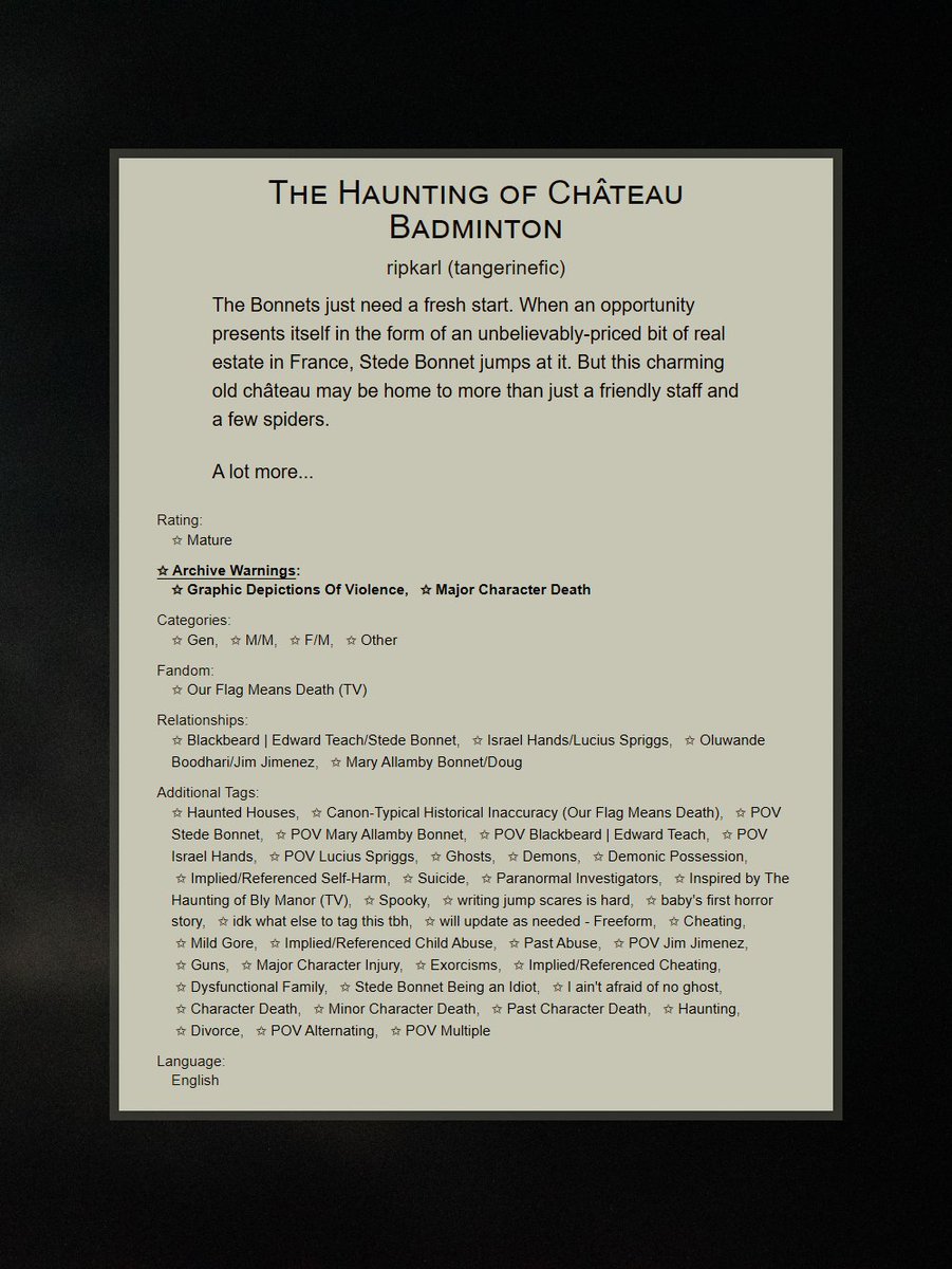 tangerinefic's tweet photo. The Haunting of Château Badminton 🧵

https://t.co/kc5VNukTxp

#ofmd #ourflagmeansdeath #ofmdfic #ofmdfanfic https://t.co/T8migwAuRa